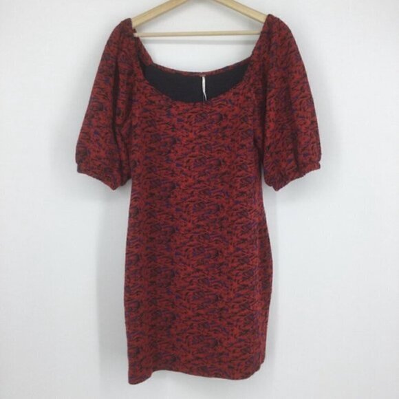 Free People Sunset Mini Dress L NWT Red Multi Print Puff Sleeve Bodycon Stretch - Picture 2 of 11